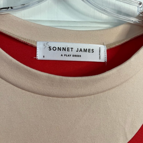 SOLD SONNET JAMES Red & Beige Abstract Swirl Short Sleeve Midi Play Dress Size S - Picture 4 of 16